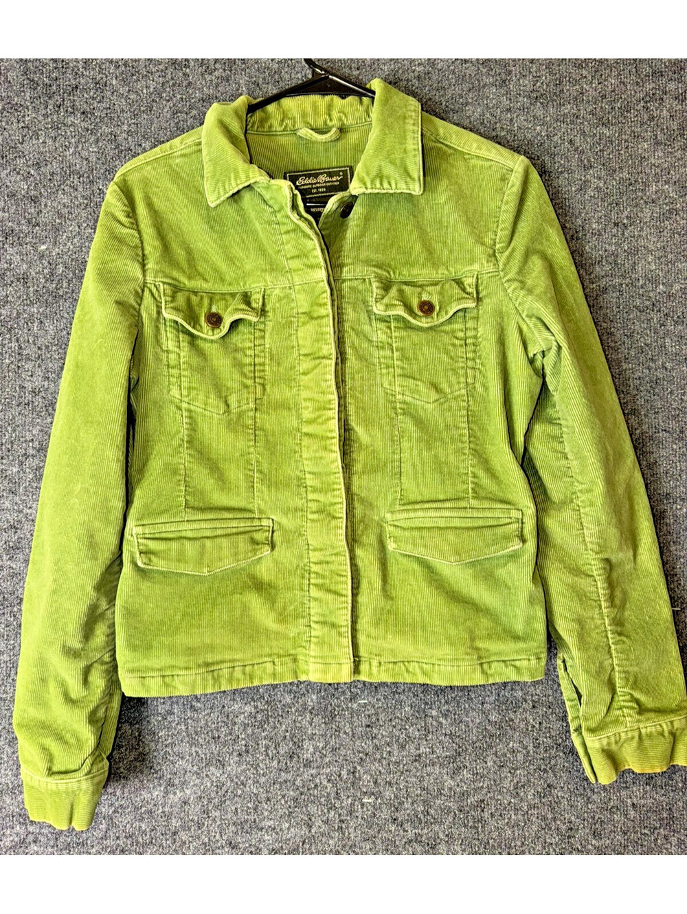 Eddie Bauer Women's Small Corduroy Jacket Button Front Green Stretch TruckerCoat